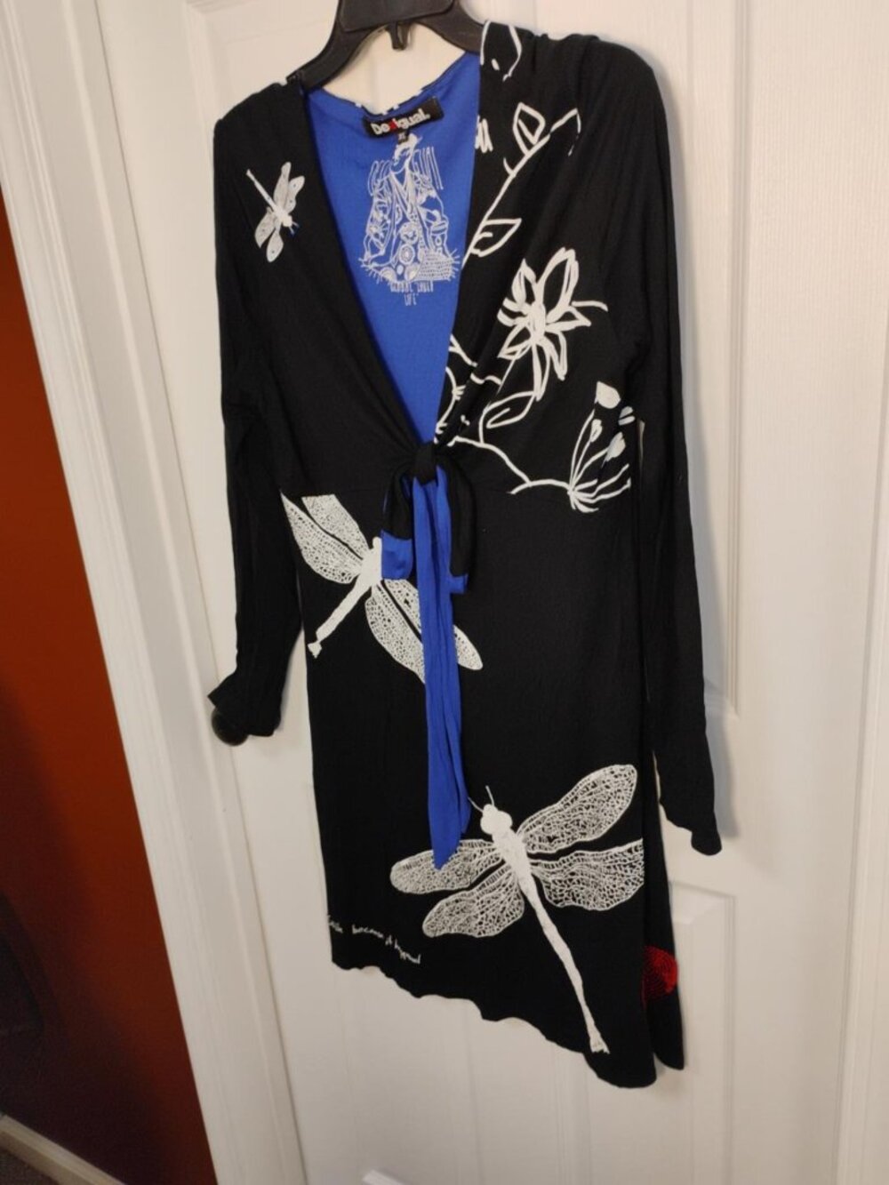 Desigual XL Black Dragonfly Floral Tie Long Sleeve Dress